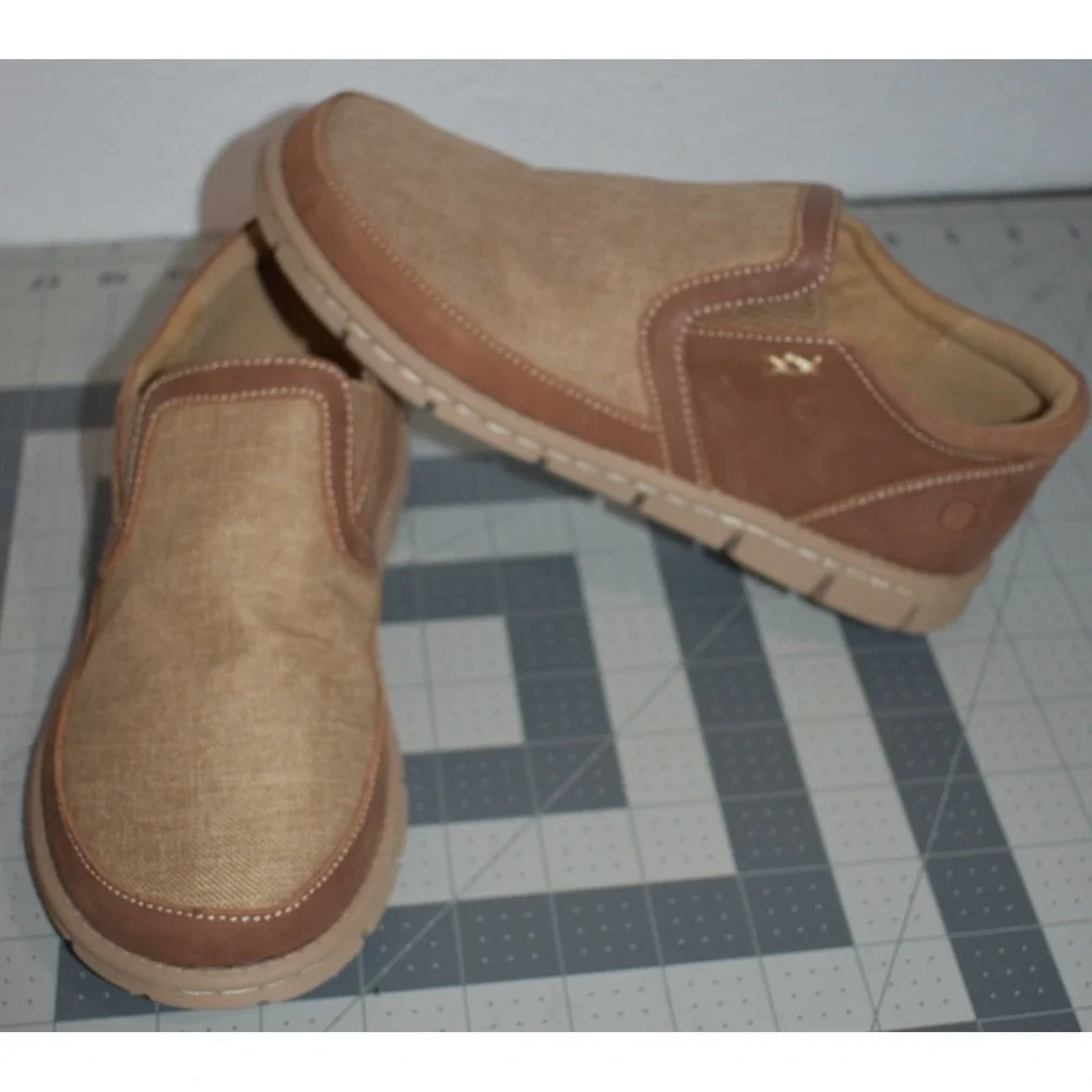 Born Sawyer Textile Tan Leather Slip On Loafers Kids Boys Size 4 PM-701-S